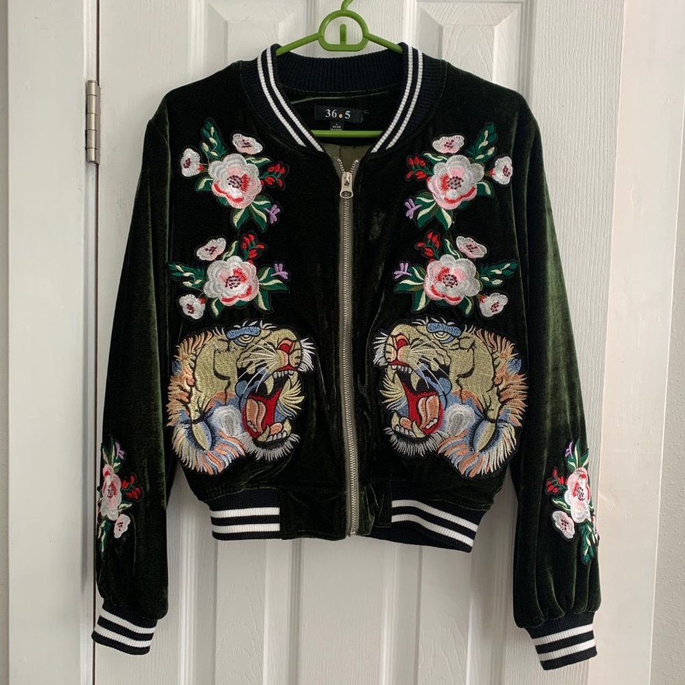Velvet tiger embroidered bomber; size L